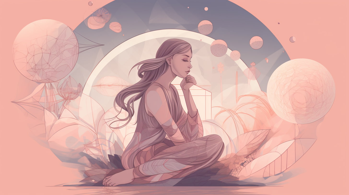 Illustration artistique d'une femme sereine assise paisiblement, entourée de motifs circulaires abstraits et de tons pastel doux, symbolisant l'harmonie et l'équilibre pendant la phase lutéale du cycle menstruel.
